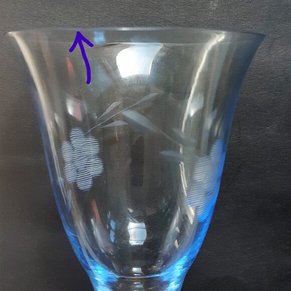 VTG Antique Thin Elegant Glass Azure Blue Goblet Amber Stem Set of 4 Etched Rare - Picture 14 of 14